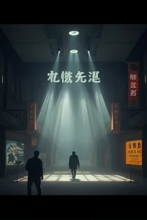 竖版海报：夜色中的港口灯塔与站台等候人群