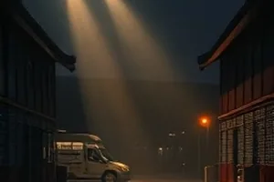 入河口处红白相间的灯塔远景图
